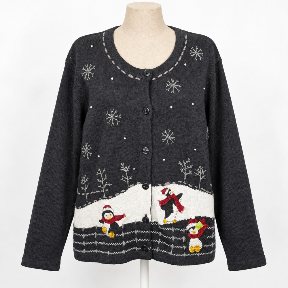 Vintage 90s Embroidered Penguin Cardigan Size XL Black Ugly Christmas Novelty